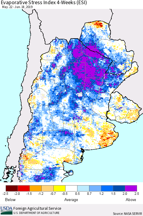 Southern South America Evaporative Stress Index (ESI), 4-Weeks Thematic Map For 6/17/2019 - 6/23/2019
