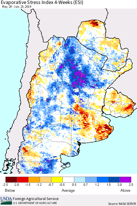 Southern South America Evaporative Stress Index (ESI), 4-Weeks Thematic Map For 6/24/2019 - 6/30/2019