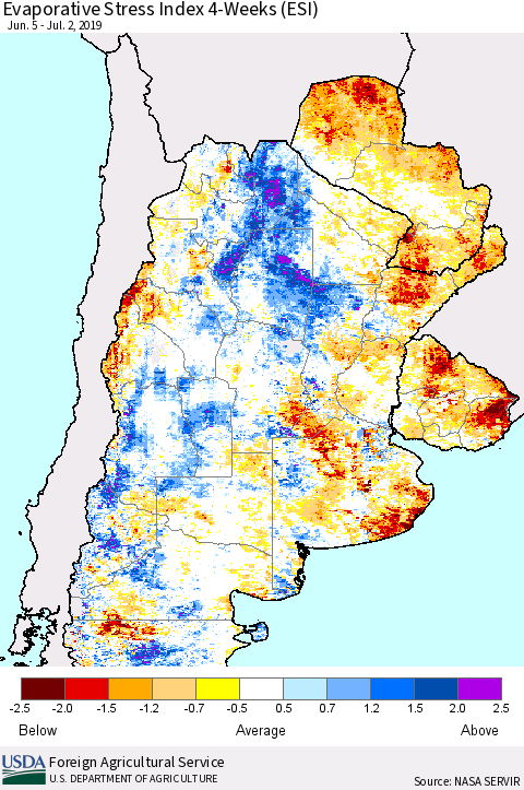 Southern South America Evaporative Stress Index (ESI), 4-Weeks Thematic Map For 7/1/2019 - 7/7/2019