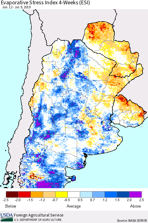 Southern South America Evaporative Stress Index (ESI), 4-Weeks Thematic Map For 7/8/2019 - 7/14/2019