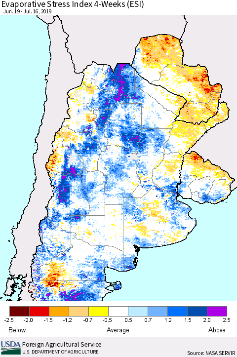 Southern South America Evaporative Stress Index (ESI), 4-Weeks Thematic Map For 7/15/2019 - 7/21/2019