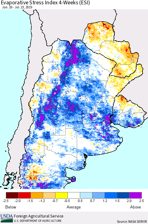 Southern South America Evaporative Stress Index (ESI), 4-Weeks Thematic Map For 7/22/2019 - 7/28/2019