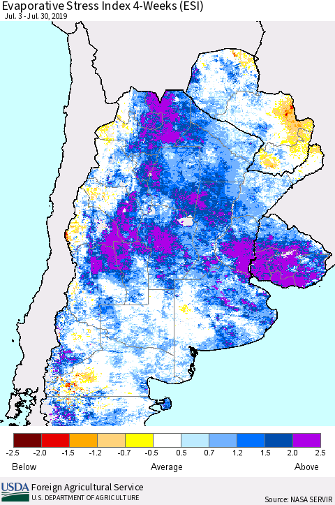 Southern South America Evaporative Stress Index (ESI), 4-Weeks Thematic Map For 7/29/2019 - 8/4/2019