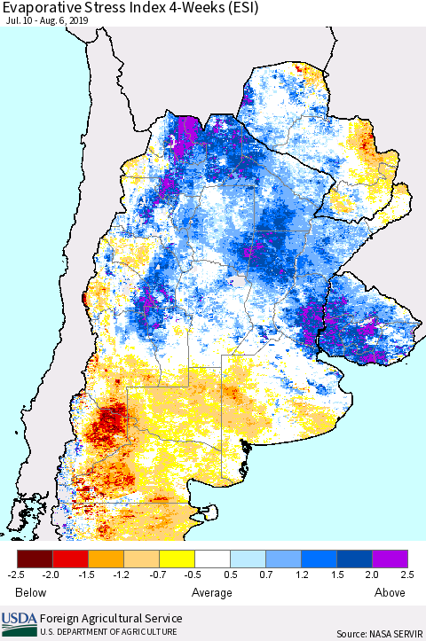 Southern South America Evaporative Stress Index (ESI), 4-Weeks Thematic Map For 8/5/2019 - 8/11/2019