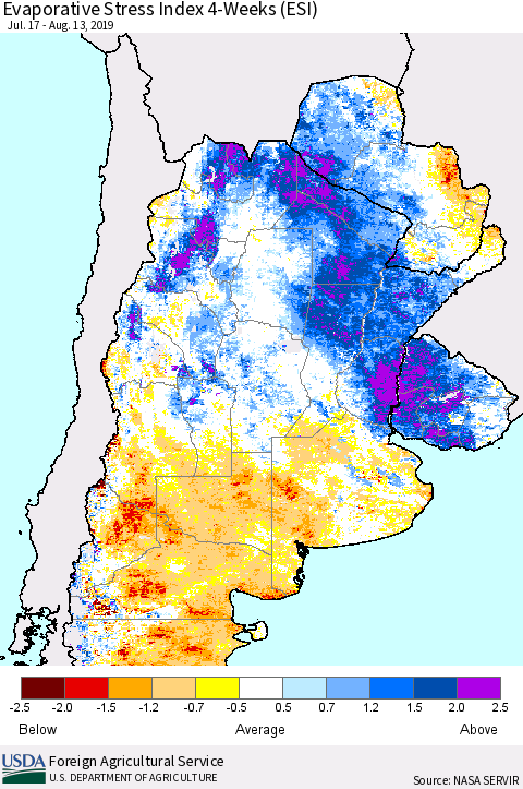 Southern South America Evaporative Stress Index (ESI), 4-Weeks Thematic Map For 8/12/2019 - 8/18/2019
