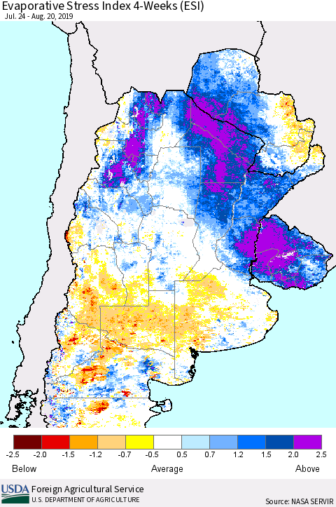 Southern South America Evaporative Stress Index (ESI), 4-Weeks Thematic Map For 8/19/2019 - 8/25/2019