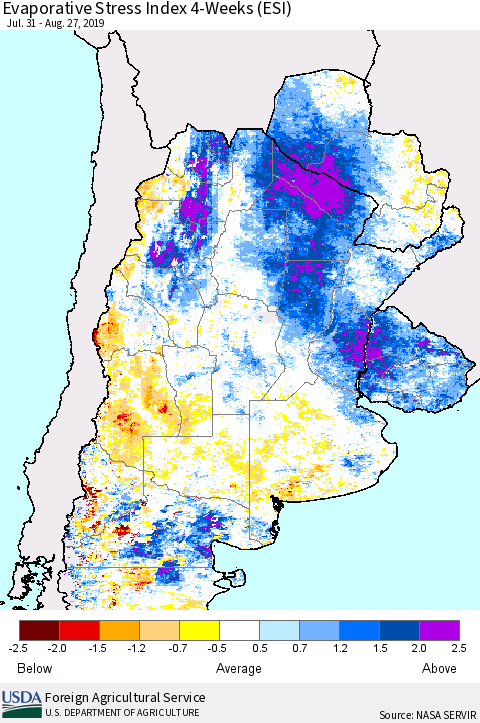 Southern South America Evaporative Stress Index (ESI), 4-Weeks Thematic Map For 8/26/2019 - 9/1/2019
