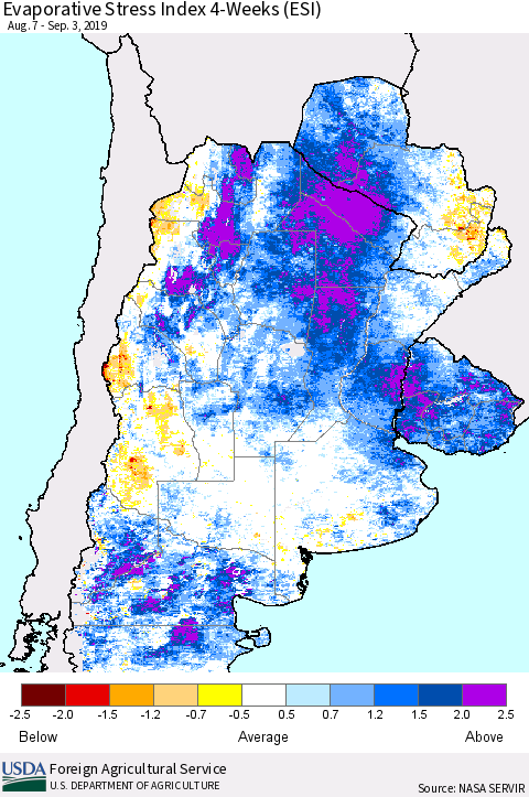 Southern South America Evaporative Stress Index (ESI), 4-Weeks Thematic Map For 9/2/2019 - 9/8/2019