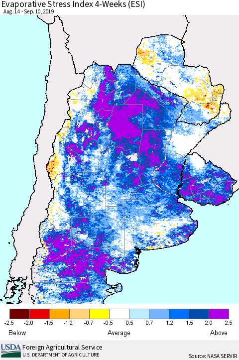 Southern South America Evaporative Stress Index (ESI), 4-Weeks Thematic Map For 9/9/2019 - 9/15/2019