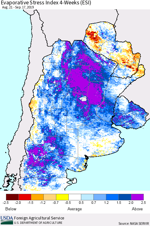Southern South America Evaporative Stress Index (ESI), 4-Weeks Thematic Map For 9/16/2019 - 9/22/2019