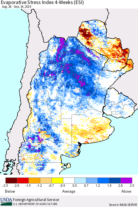 Southern South America Evaporative Stress Index (ESI), 4-Weeks Thematic Map For 9/23/2019 - 9/29/2019