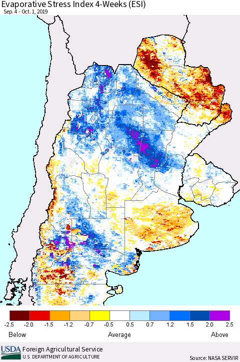 Southern South America Evaporative Stress Index (ESI), 4-Weeks Thematic Map For 9/30/2019 - 10/6/2019