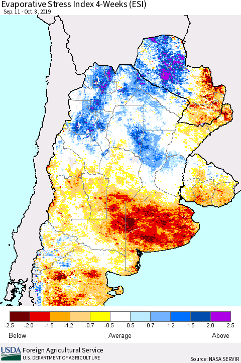 Southern South America Evaporative Stress Index (ESI), 4-Weeks Thematic Map For 10/7/2019 - 10/13/2019
