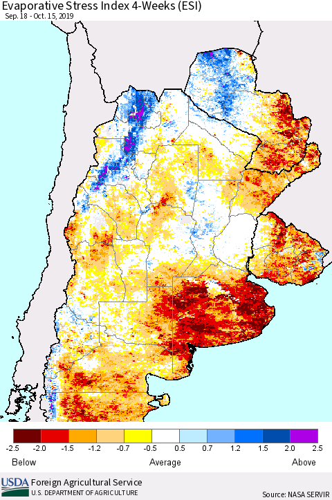 Southern South America Evaporative Stress Index (ESI), 4-Weeks Thematic Map For 10/14/2019 - 10/20/2019