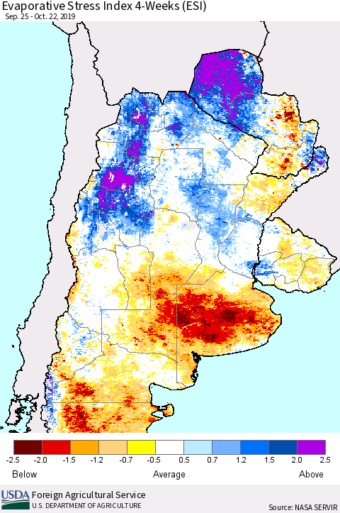 Southern South America Evaporative Stress Index (ESI), 4-Weeks Thematic Map For 10/21/2019 - 10/27/2019