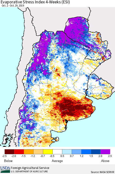 Southern South America Evaporative Stress Index (ESI), 4-Weeks Thematic Map For 10/28/2019 - 11/3/2019