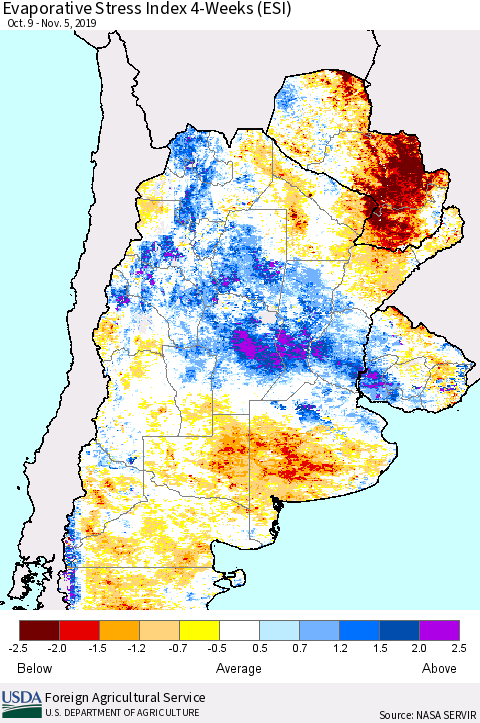 Southern South America Evaporative Stress Index (ESI), 4-Weeks Thematic Map For 11/4/2019 - 11/10/2019