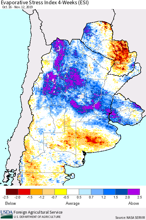 Southern South America Evaporative Stress Index (ESI), 4-Weeks Thematic Map For 11/11/2019 - 11/17/2019