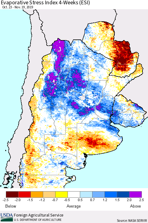 Southern South America Evaporative Stress Index (ESI), 4-Weeks Thematic Map For 11/18/2019 - 11/24/2019