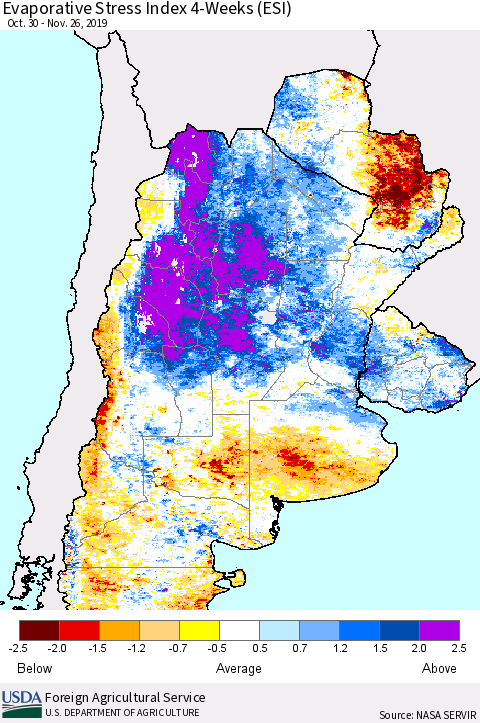 Southern South America Evaporative Stress Index (ESI), 4-Weeks Thematic Map For 11/25/2019 - 12/1/2019