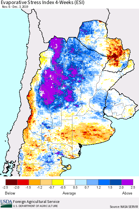 Southern South America Evaporative Stress Index (ESI), 4-Weeks Thematic Map For 12/2/2019 - 12/8/2019