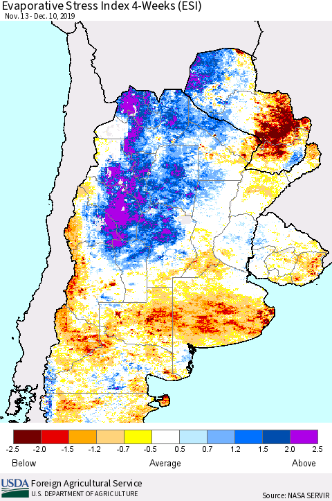 Southern South America Evaporative Stress Index (ESI), 4-Weeks Thematic Map For 12/9/2019 - 12/15/2019