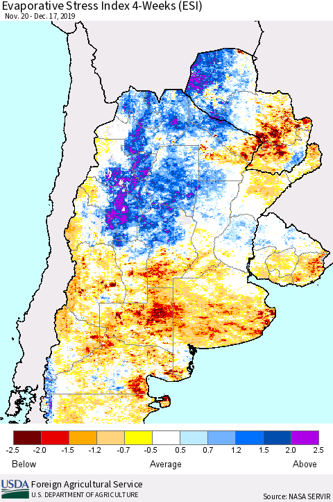 Southern South America Evaporative Stress Index (ESI), 4-Weeks Thematic Map For 12/16/2019 - 12/22/2019