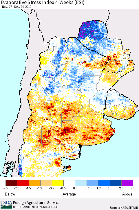 Southern South America Evaporative Stress Index (ESI), 4-Weeks Thematic Map For 12/23/2019 - 12/29/2019