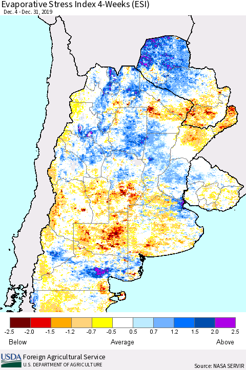 Southern South America Evaporative Stress Index (ESI), 4-Weeks Thematic Map For 12/30/2019 - 1/5/2020