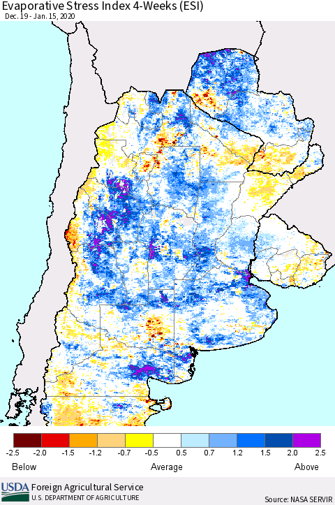 Southern South America Evaporative Stress Index (ESI), 4-Weeks Thematic Map For 1/13/2020 - 1/19/2020