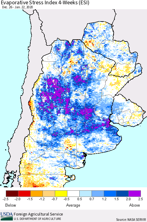 Southern South America Evaporative Stress Index (ESI), 4-Weeks Thematic Map For 1/20/2020 - 1/26/2020