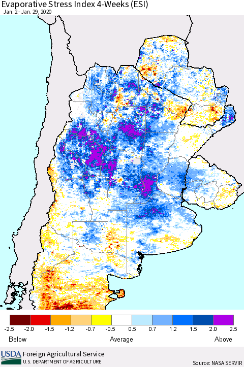 Southern South America Evaporative Stress Index (ESI), 4-Weeks Thematic Map For 1/27/2020 - 2/2/2020