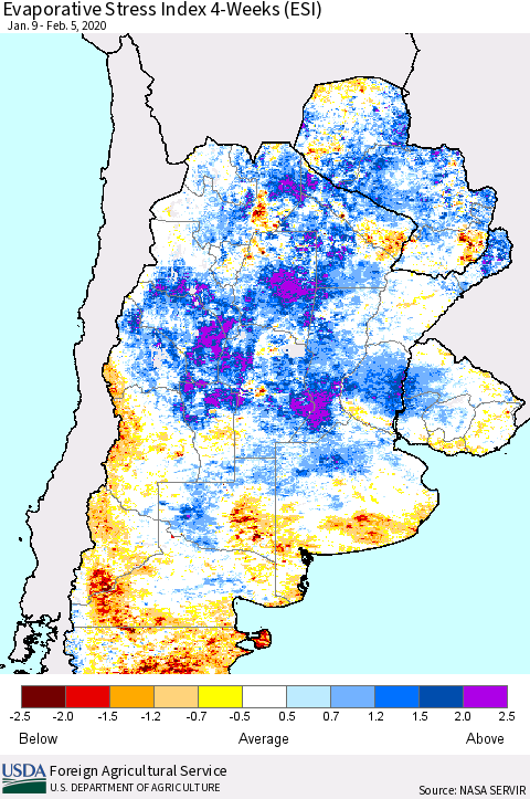 Southern South America Evaporative Stress Index (ESI), 4-Weeks Thematic Map For 2/3/2020 - 2/9/2020