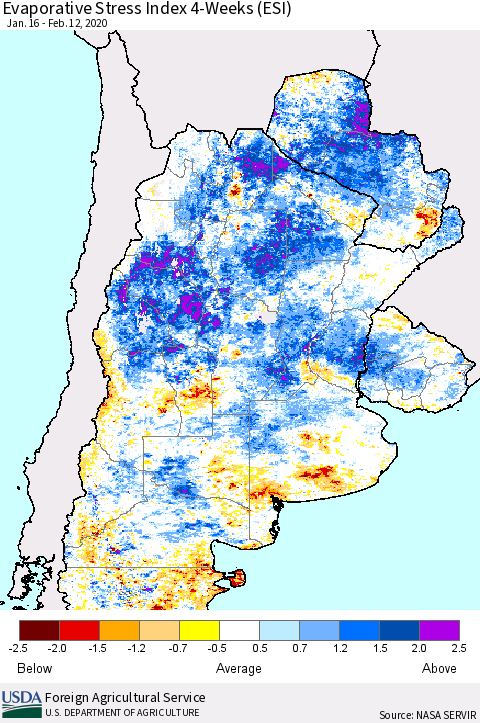 Southern South America Evaporative Stress Index (ESI), 4-Weeks Thematic Map For 2/10/2020 - 2/16/2020