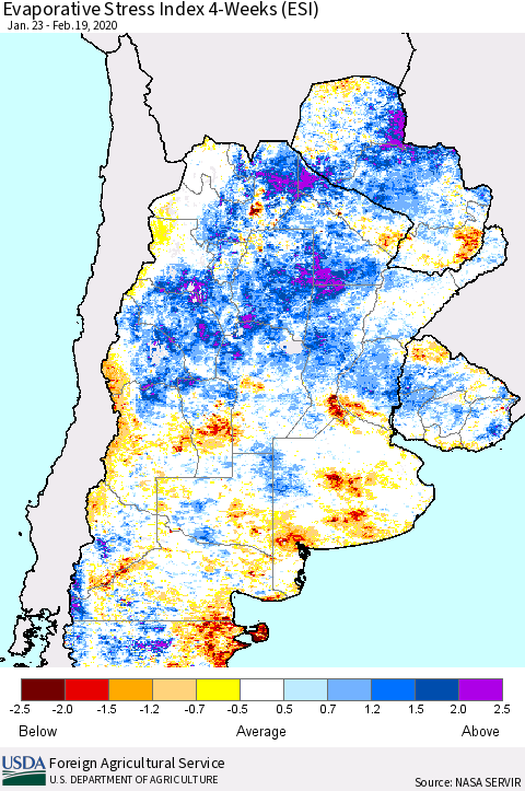 Southern South America Evaporative Stress Index (ESI), 4-Weeks Thematic Map For 2/17/2020 - 2/23/2020