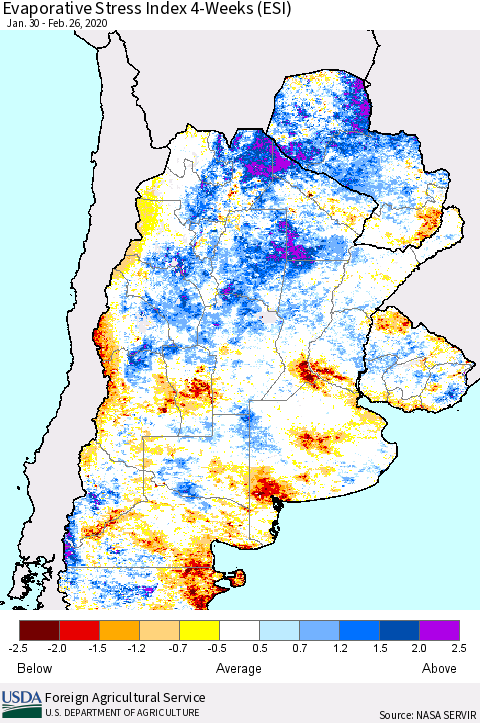 Southern South America Evaporative Stress Index (ESI), 4-Weeks Thematic Map For 2/24/2020 - 3/1/2020