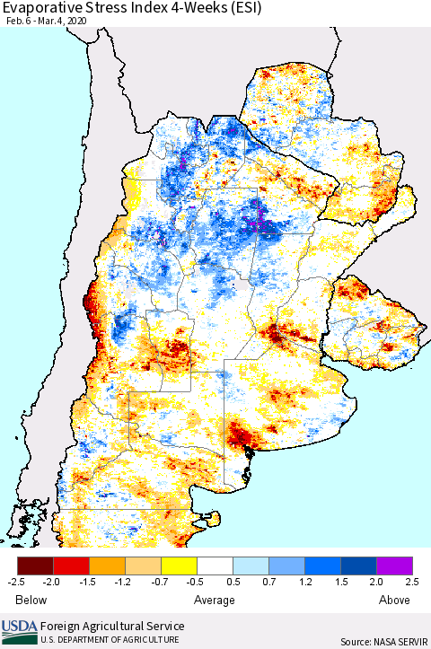 Southern South America Evaporative Stress Index (ESI), 4-Weeks Thematic Map For 3/2/2020 - 3/8/2020
