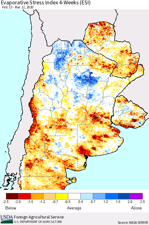 Southern South America Evaporative Stress Index (ESI), 4-Weeks Thematic Map For 3/9/2020 - 3/15/2020