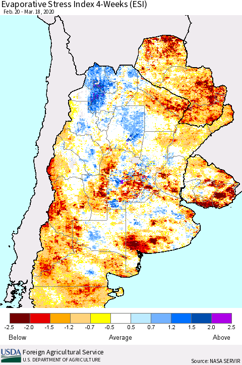 Southern South America Evaporative Stress Index (ESI), 4-Weeks Thematic Map For 3/16/2020 - 3/22/2020