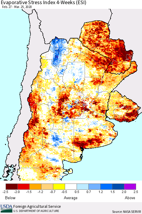 Southern South America Evaporative Stress Index (ESI), 4-Weeks Thematic Map For 3/23/2020 - 3/29/2020