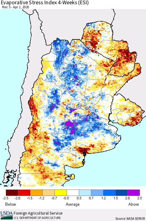 Southern South America Evaporative Stress Index (ESI), 4-Weeks Thematic Map For 3/30/2020 - 4/5/2020