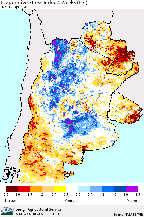 Southern South America Evaporative Stress Index (ESI), 4-Weeks Thematic Map For 4/6/2020 - 4/12/2020