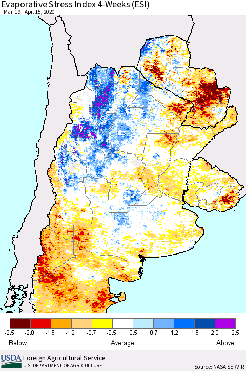 Southern South America Evaporative Stress Index (ESI), 4-Weeks Thematic Map For 4/13/2020 - 4/19/2020