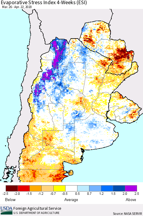 Southern South America Evaporative Stress Index (ESI), 4-Weeks Thematic Map For 4/20/2020 - 4/26/2020
