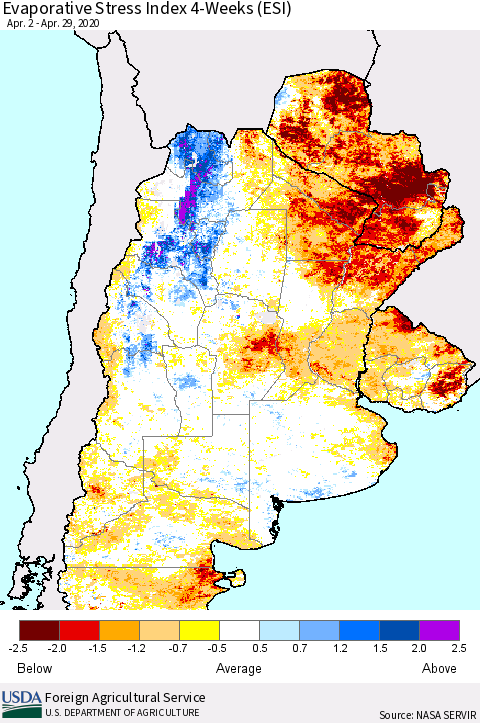 Southern South America Evaporative Stress Index (ESI), 4-Weeks Thematic Map For 4/27/2020 - 5/3/2020
