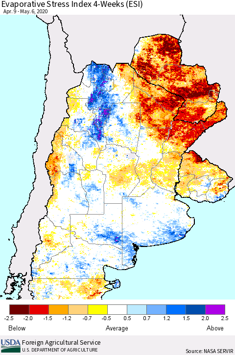 Southern South America Evaporative Stress Index (ESI), 4-Weeks Thematic Map For 5/4/2020 - 5/10/2020