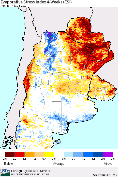 Southern South America Evaporative Stress Index (ESI), 4-Weeks Thematic Map For 5/11/2020 - 5/17/2020