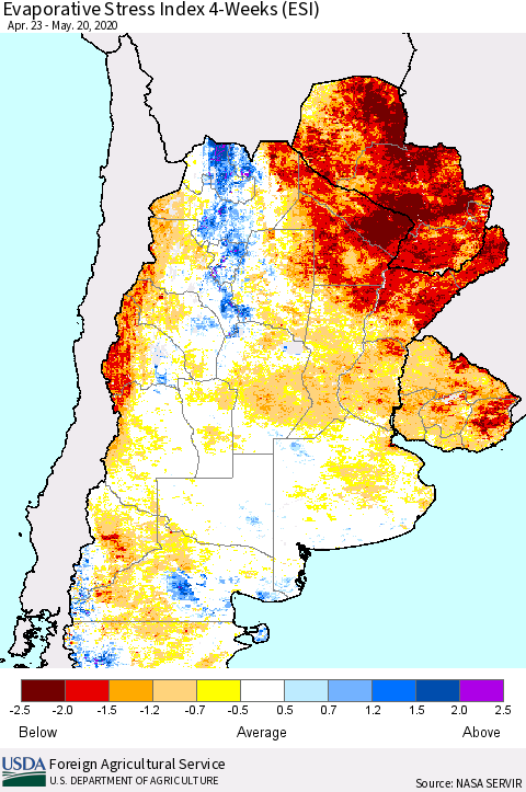Southern South America Evaporative Stress Index (ESI), 4-Weeks Thematic Map For 5/18/2020 - 5/24/2020