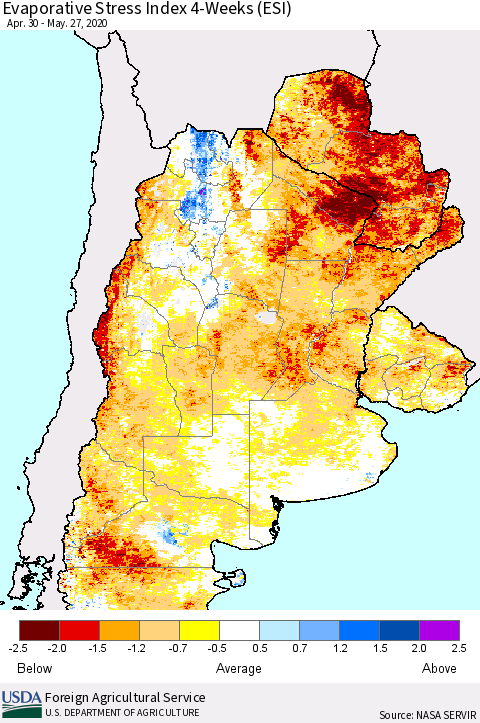 Southern South America Evaporative Stress Index (ESI), 4-Weeks Thematic Map For 5/25/2020 - 5/31/2020