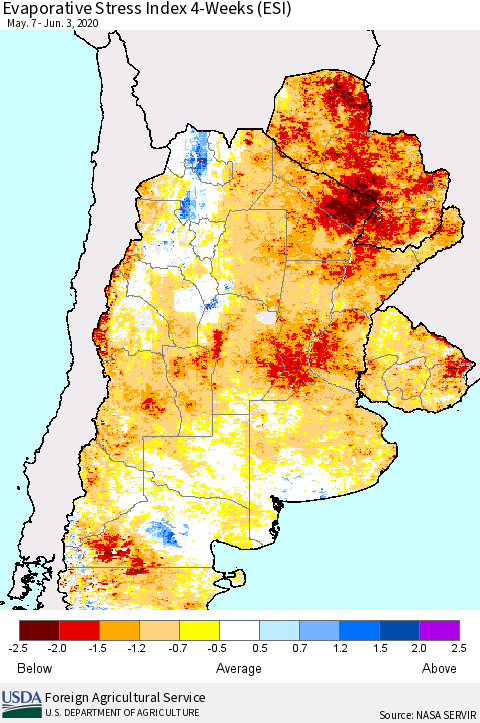 Southern South America Evaporative Stress Index (ESI), 4-Weeks Thematic Map For 6/1/2020 - 6/7/2020